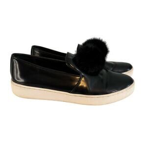 Michael Kors Collection Eddy Pom Pom Leather Slip On Sneakers Womens 7 Black